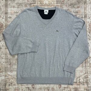 🐊Men’s 100% Cotton Gray Lacoste V Neck Sweater With Alligator Patch Logo